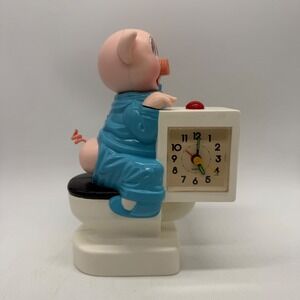 Pig in Pajamas on Toilet Quartz Alarm Clock Blue Novelty Vintage For Parts